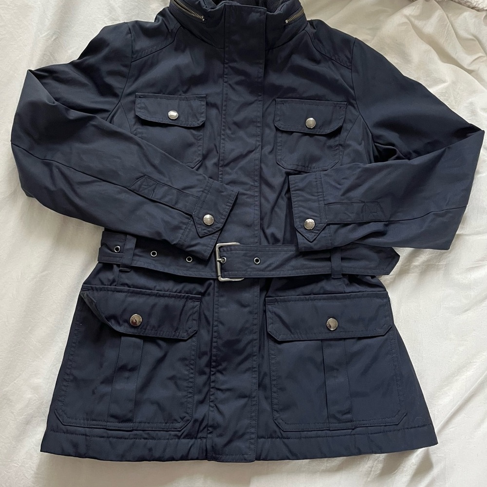 Stylish Navy Belted Jacket with hidden hood.